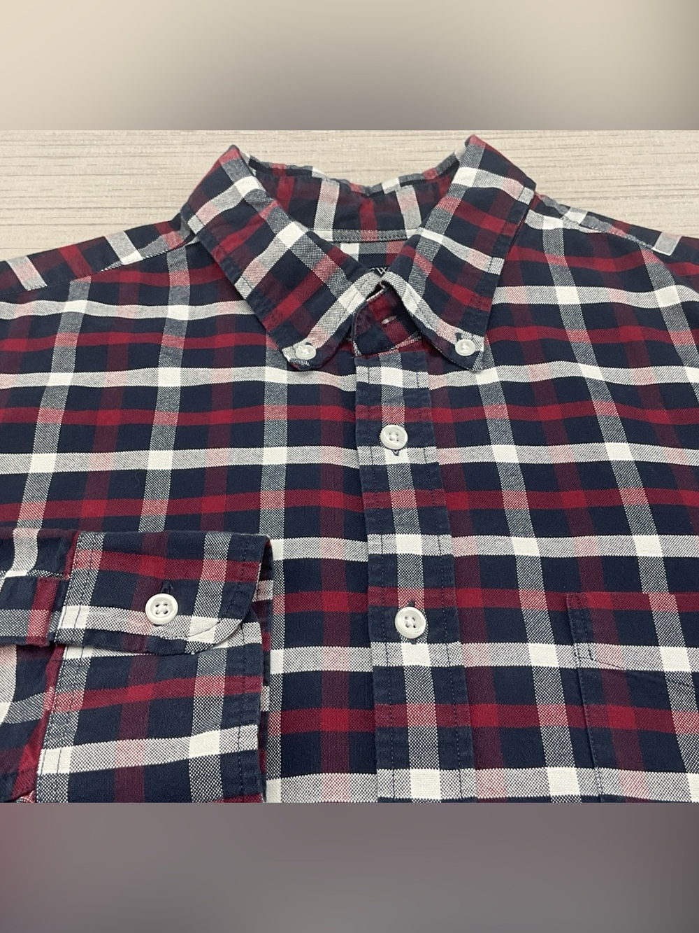 J. Crew Button Down Shirt Mens Large Flex Oxford Plaid Long Sleeve Navy/Burgundy